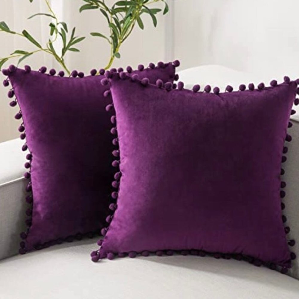 (Only Covers) Set of 2 Poms Poms Velvet Decorative Pillow Covers, Dark Purple